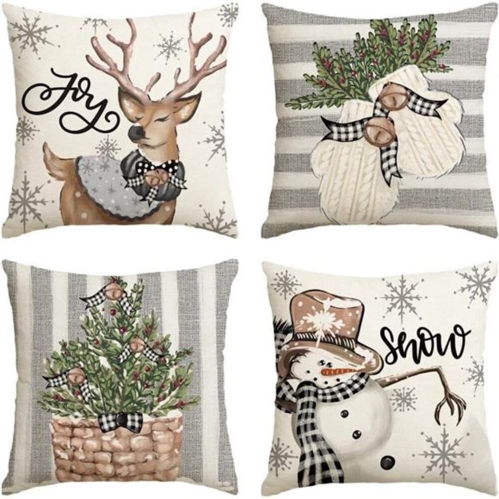 Set of 4 Christmas Pillow Covers, 20x20 Snowman & Reindeer Eucalyptus Decor